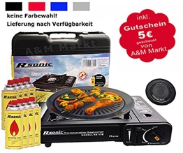 Gaskocher Campingkocher mit 8 Gaskartuschen Portable + Grillaufsatz Grillplatte + Koffer (Farbe Schwarz, Rot, Blau oder Grau) - 1