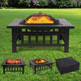 Femor Multifunktional Feuerstelle Outdoor 81x81x44cm BBQ Ice Schale 3 in 1 Garten Metall Quadratisch Feuerschale mit Regenschutzhülle -